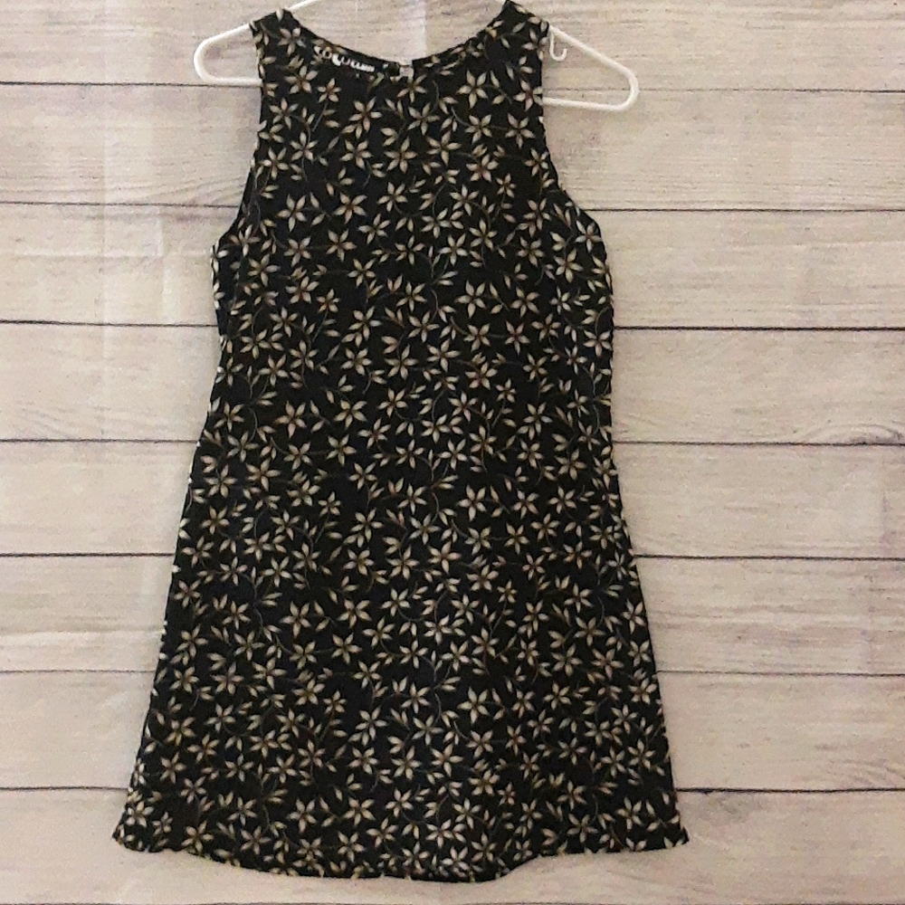 Floral Leaf Print Round Neck Black Tank Dress VTG 90s  Black Olive Green M
